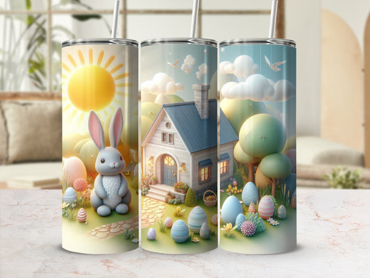 Easter bunny and house with colorful eggs and spring scenery.