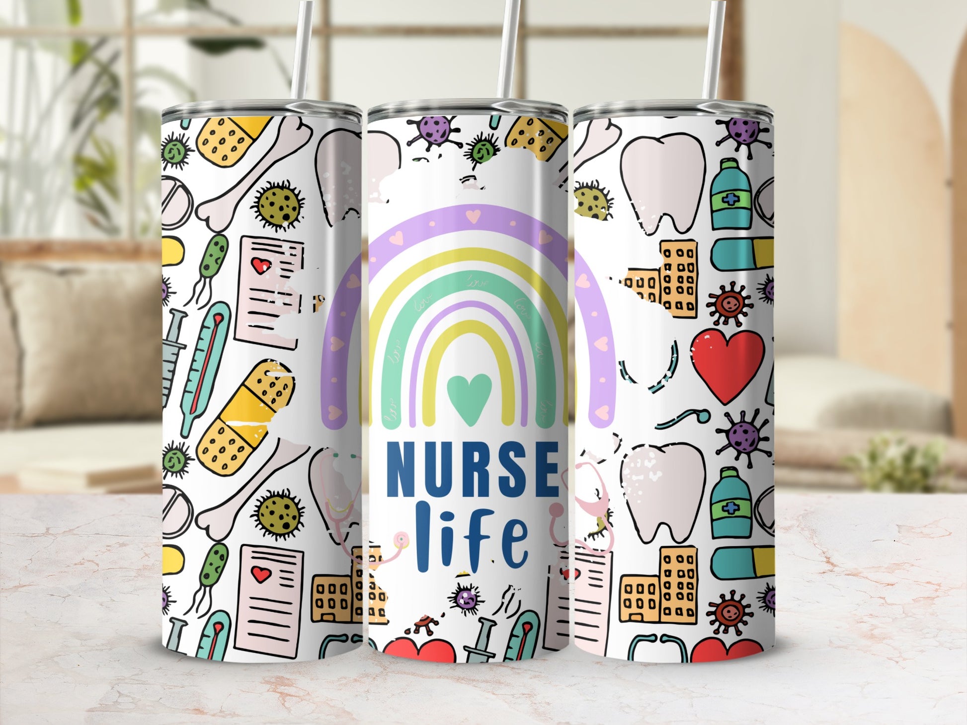 Nurse Life tumbler with medical icons and rainbow design.