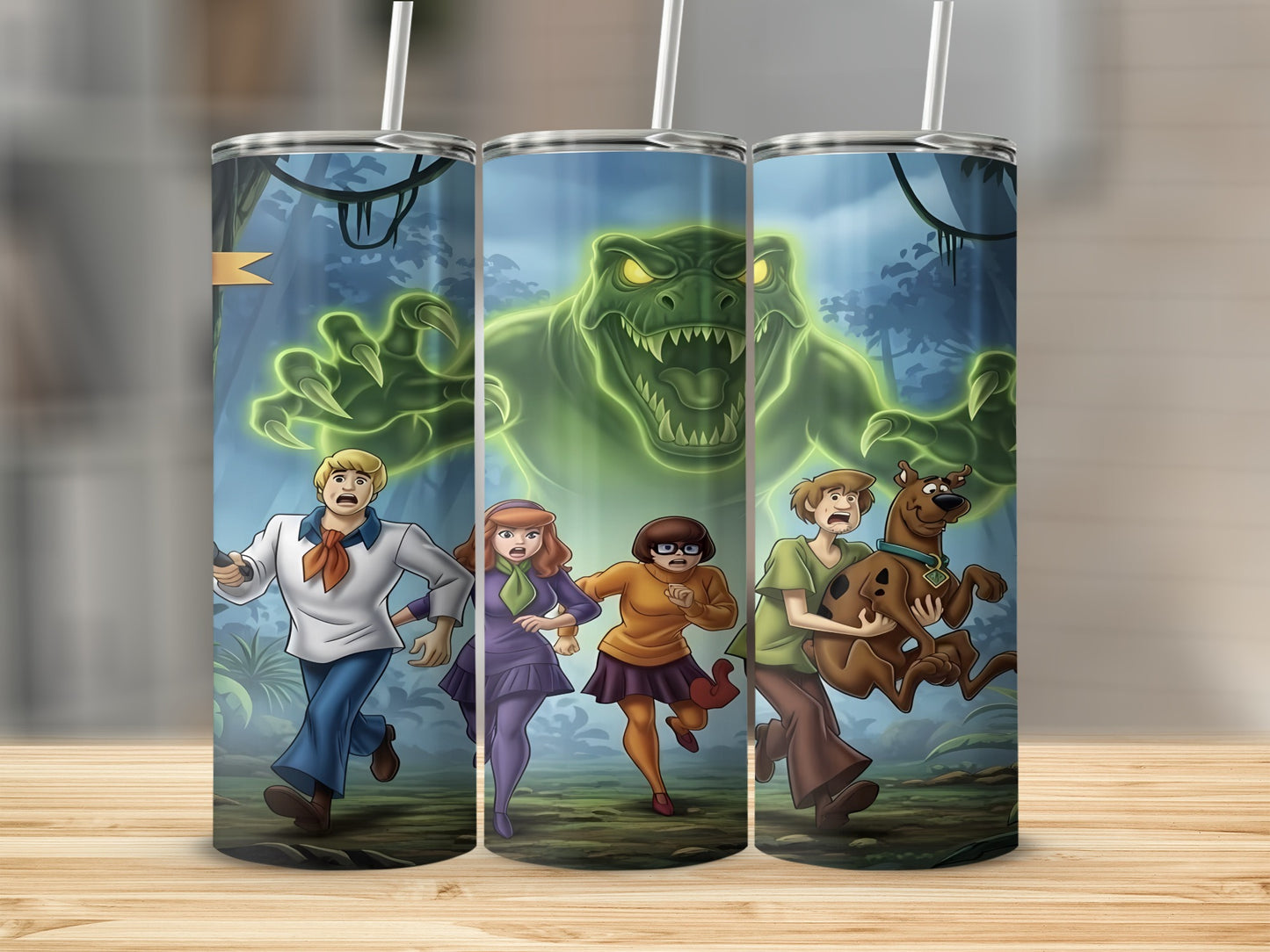 Scooby-Doo characters running from a glowing green monster.