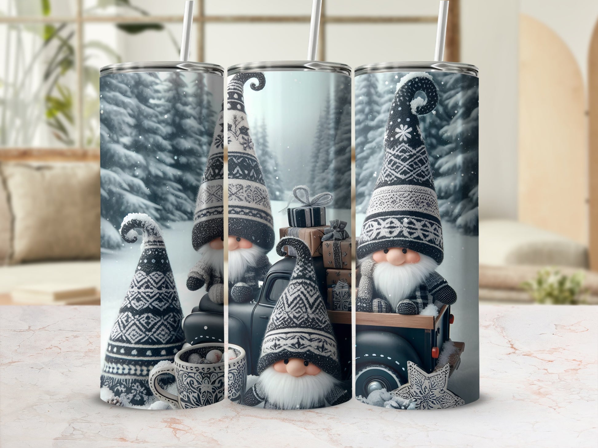 Three tumblers featuring gnomes in winter hats and scarves with a truck and gifts.
