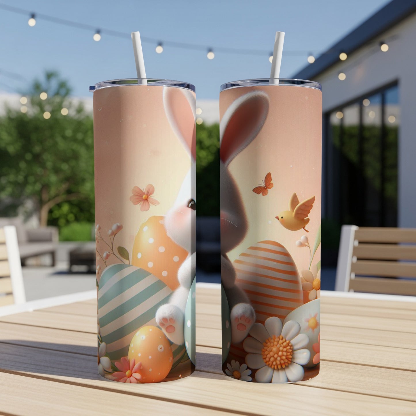 Easter bunny and eggs on tumblers with floral background.