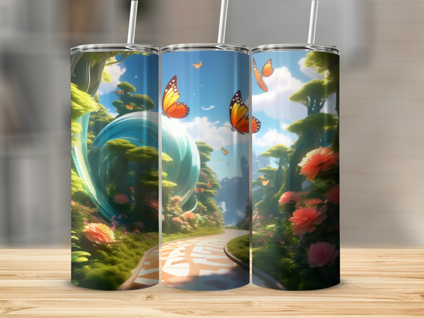 Tall tumbler with a fantasy scene of butterflies, flowers, and a glowing path.