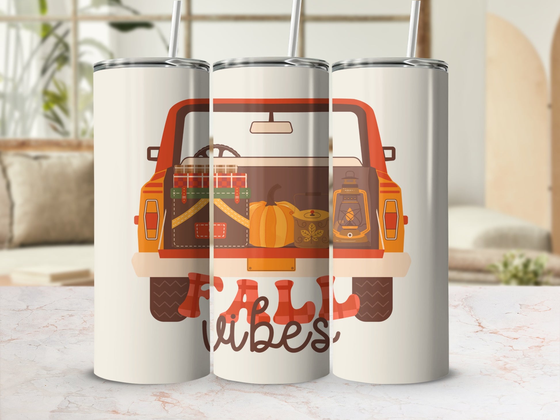 Tandem tumblers feature fall truck tailgate design with pumpkins and autumn decor.