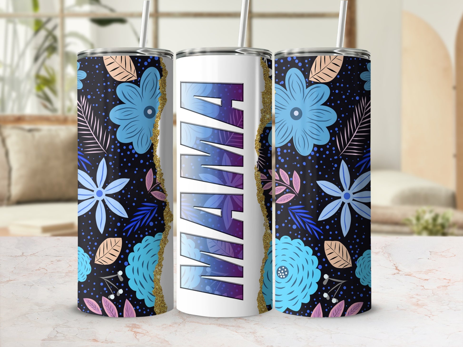 Three tumblers with a floral pattern and "Mama" text.