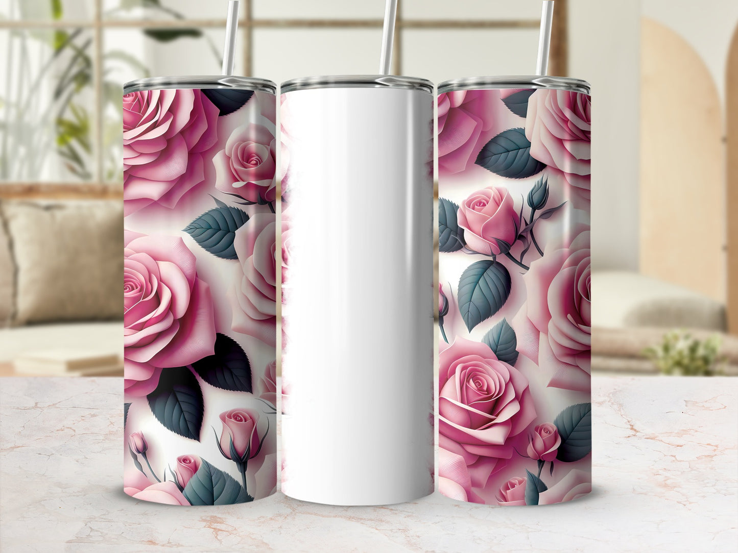 White tumbler with pink roses and green leaves pattern.