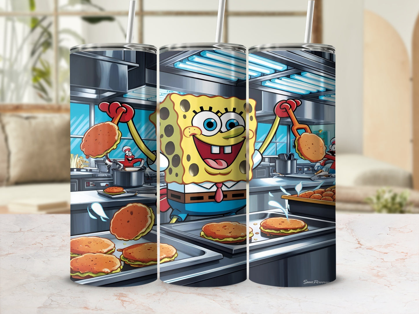SpongeBob SquarePants grilling Krabby Patties in a kitchen.