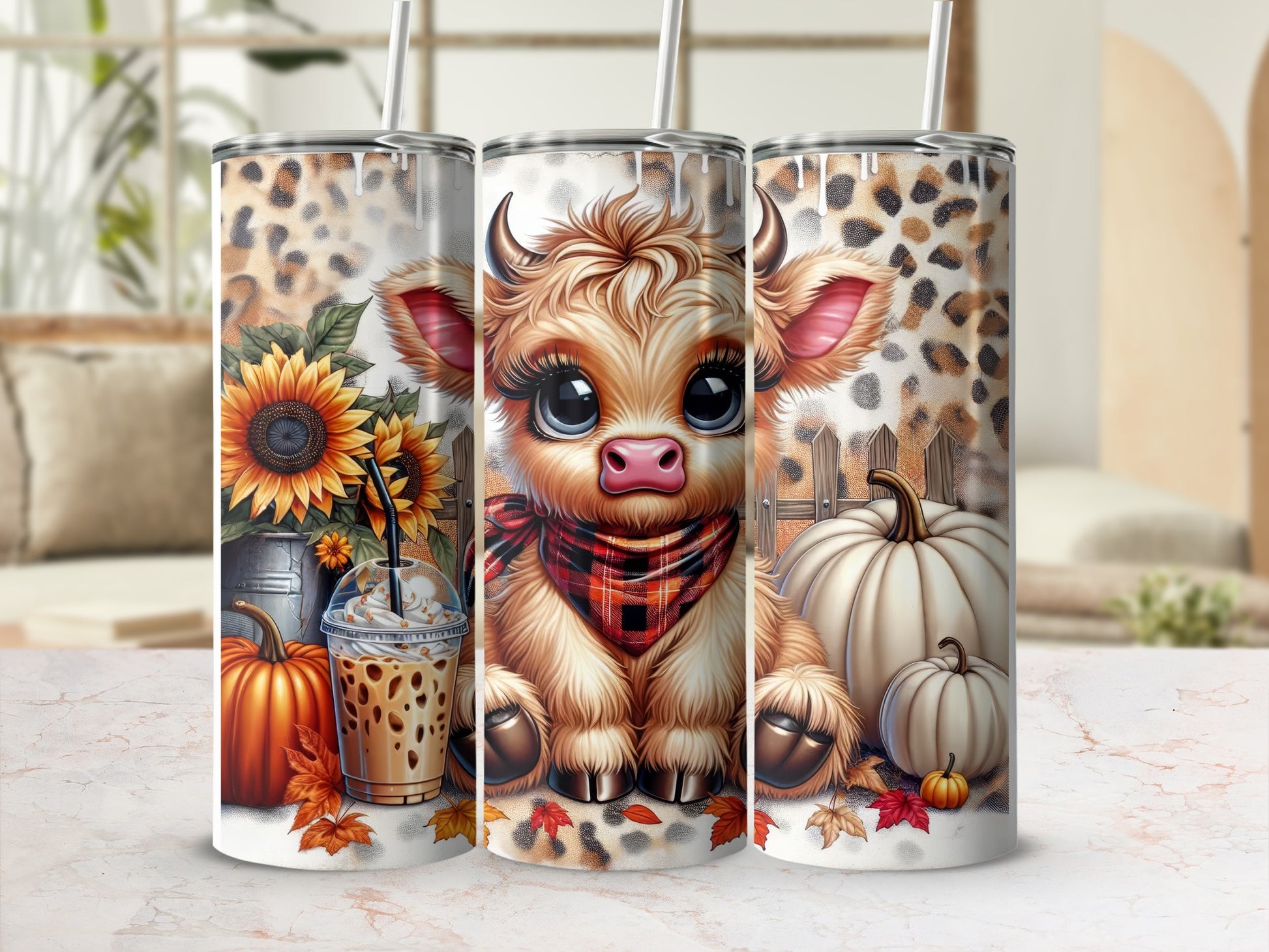 Cute cartoon cow with sunflowers, pumpkins, and leopard print on a tumbler.