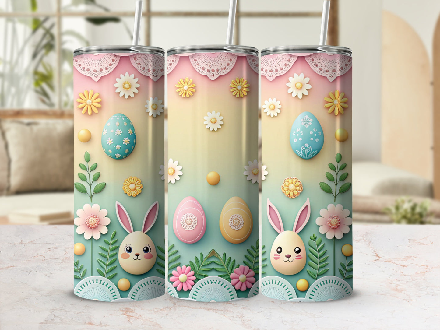 Three Easter-themed tumblers with bunnies, eggs, and flowers on a pastel gradient.