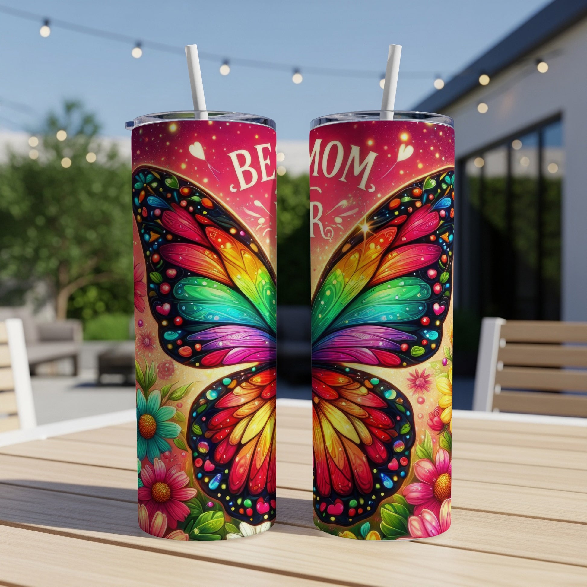 Two colorful butterfly-themed tumblers with "BEST MOM" text on a table.