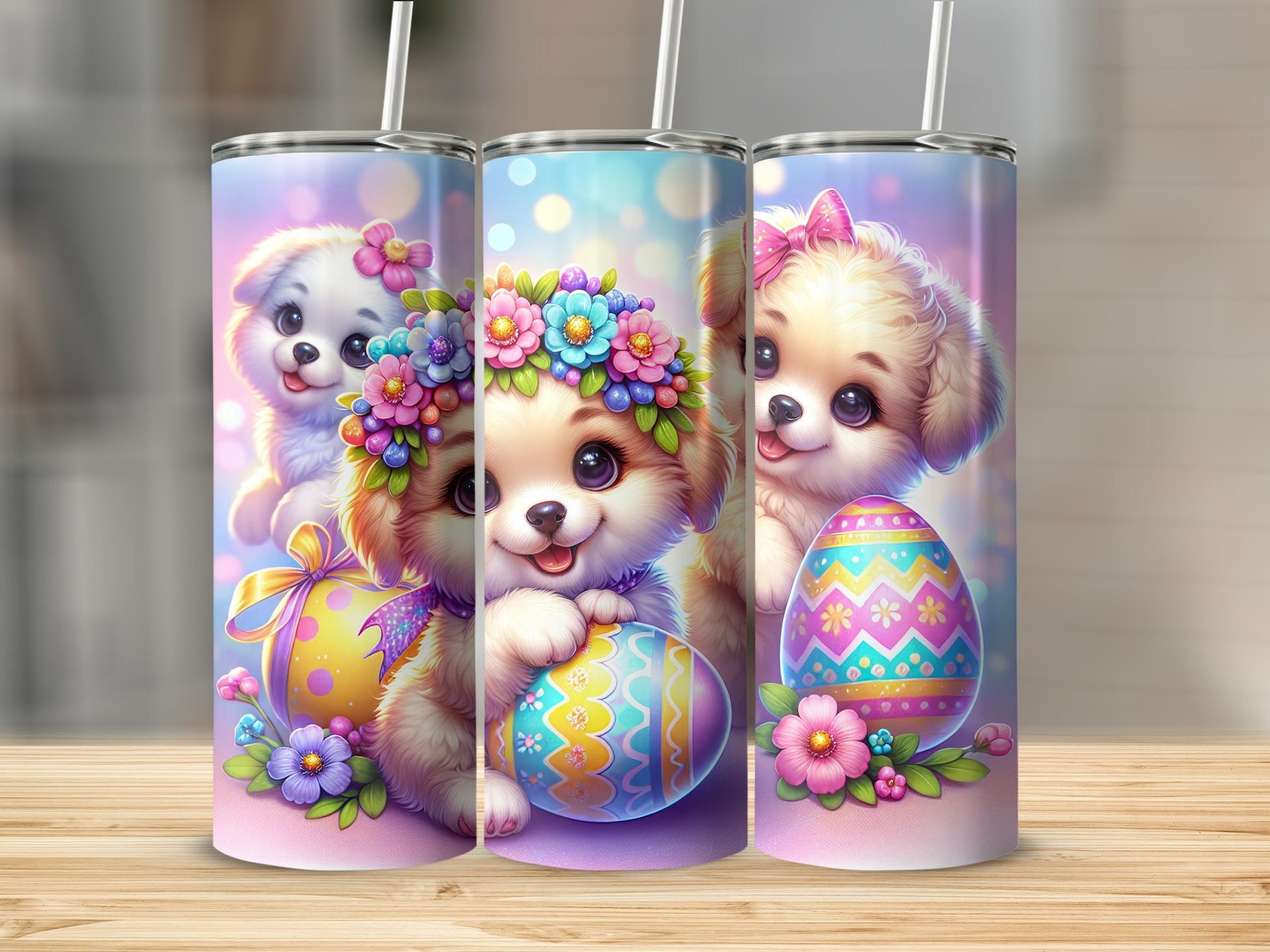 Three puppies in floral wreaths hold colorful Easter eggs.