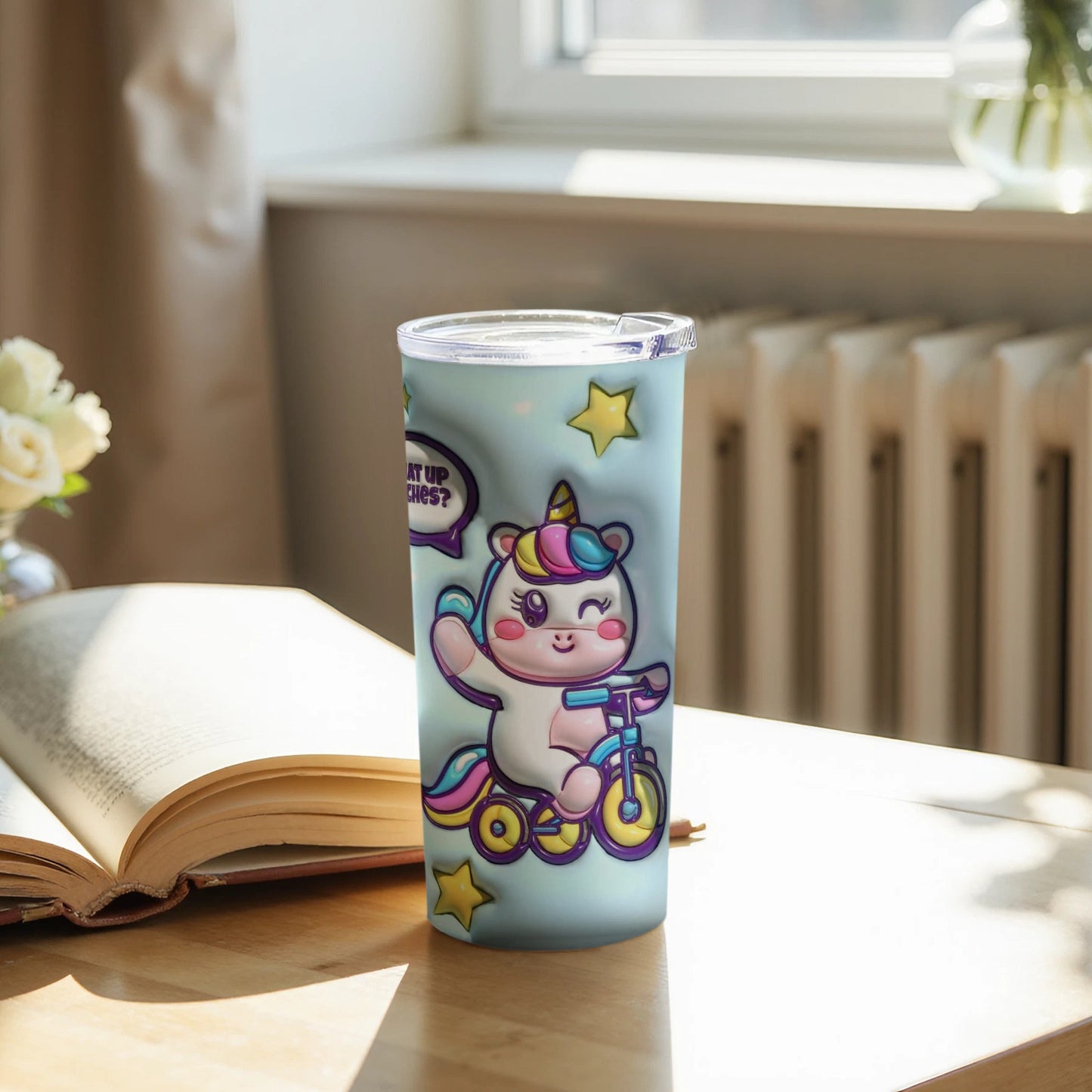 Cheerful Unicorn Rides a Tricycle Tumbler