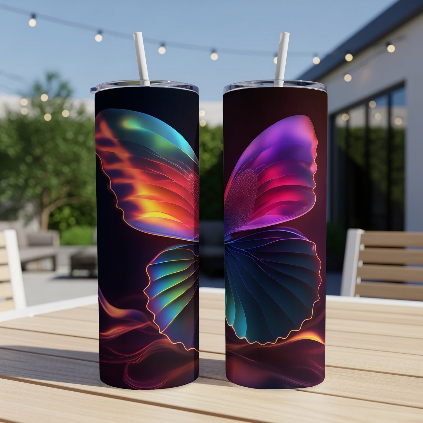 Two tumblers with colorful iridescent butterfly wings design.