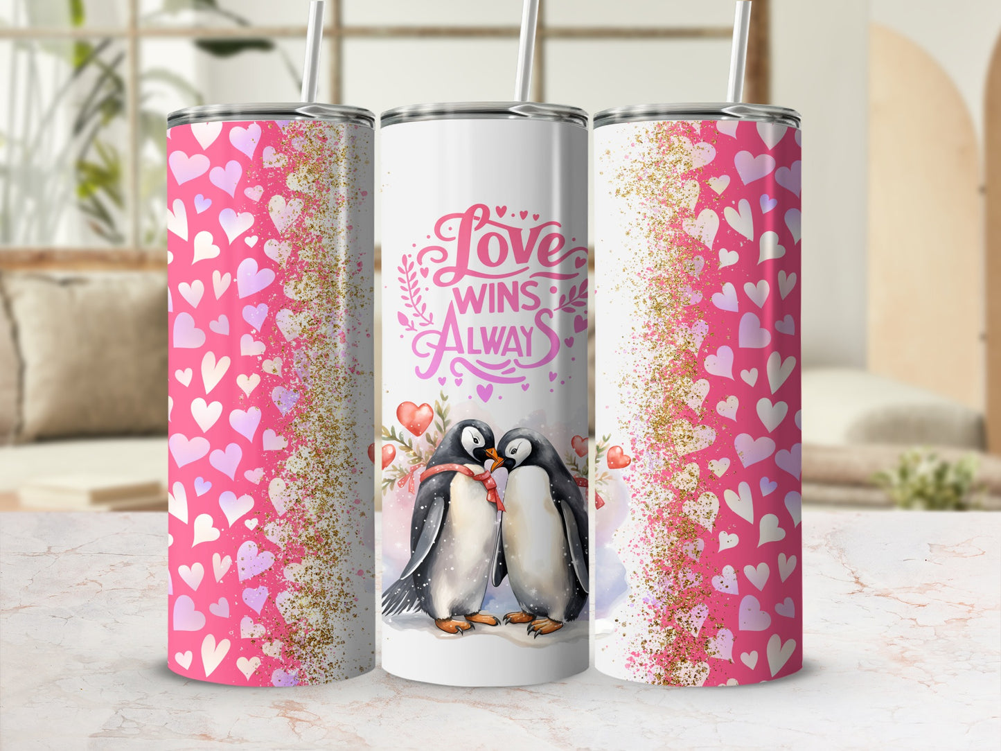 Love Wins Always Penguins Hearts Glitter Tumbler