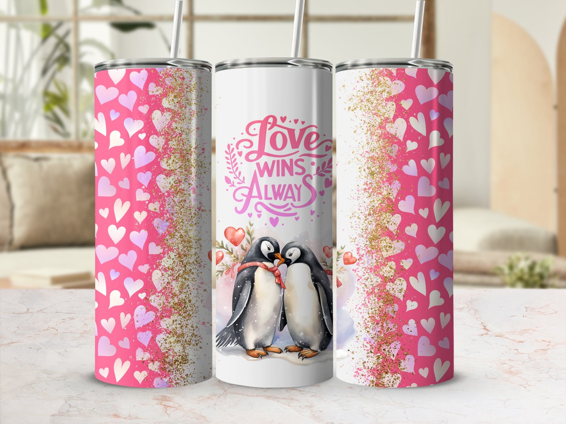 Love Wins Always Penguins Hearts Glitter Tumbler