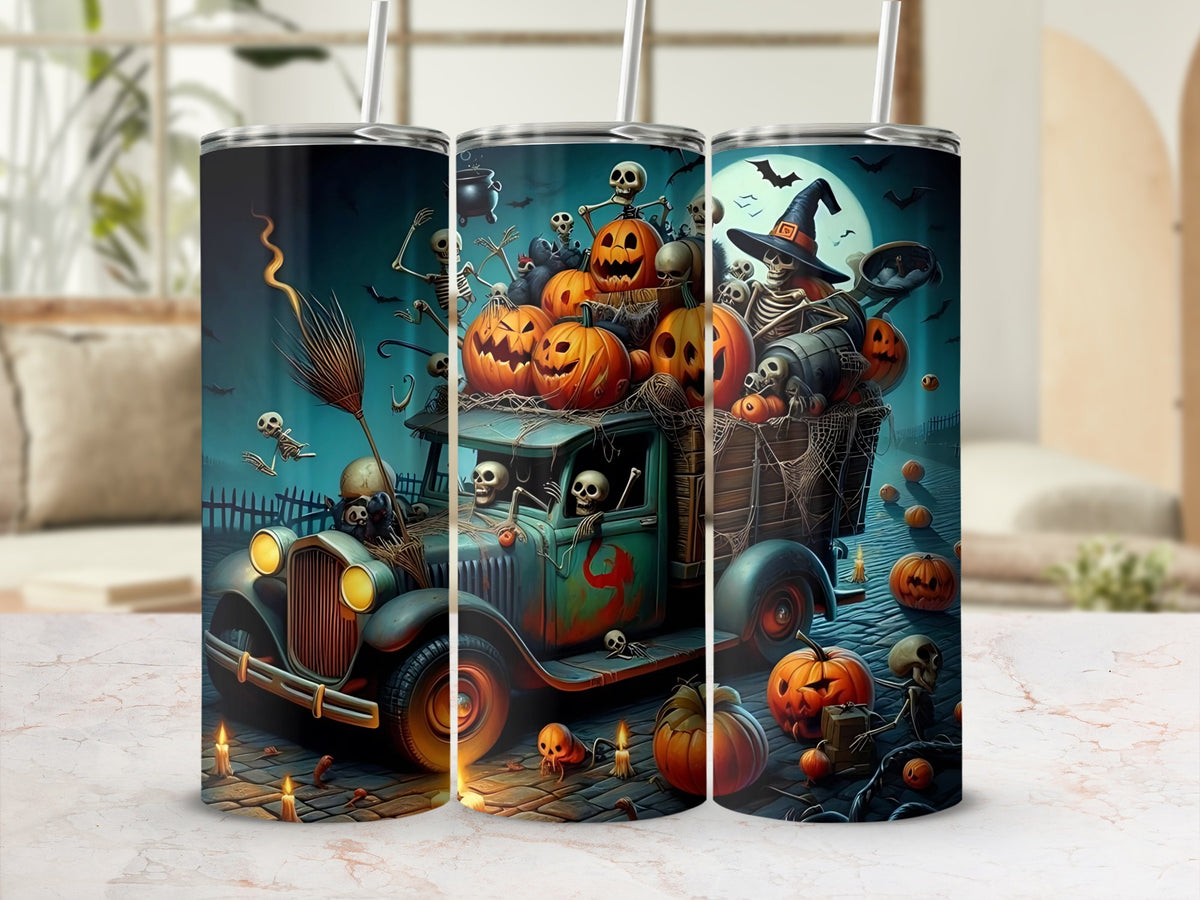 Halloween tumbler with skeletons, pumpkins, and a vintage truck on a dark, spooky background.