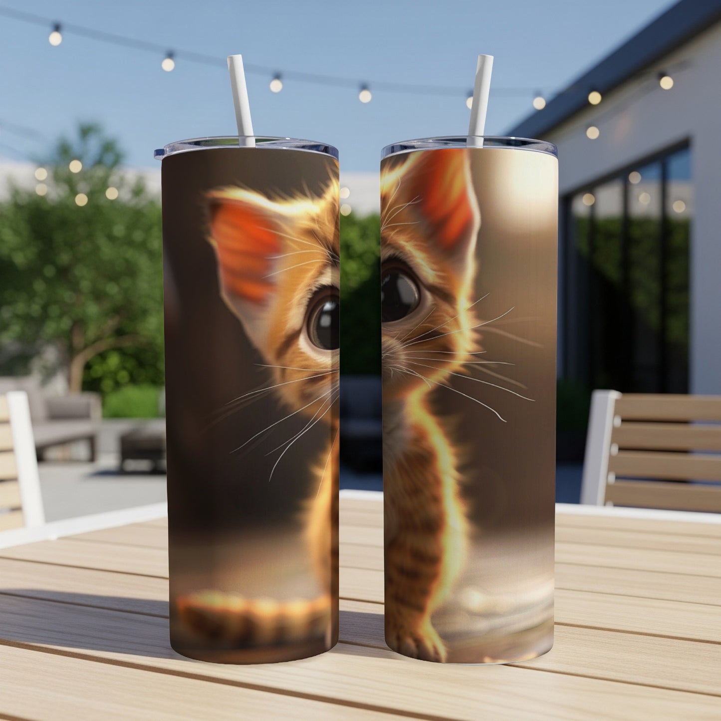 Two skinny tumblers with an orange kitten's face design.