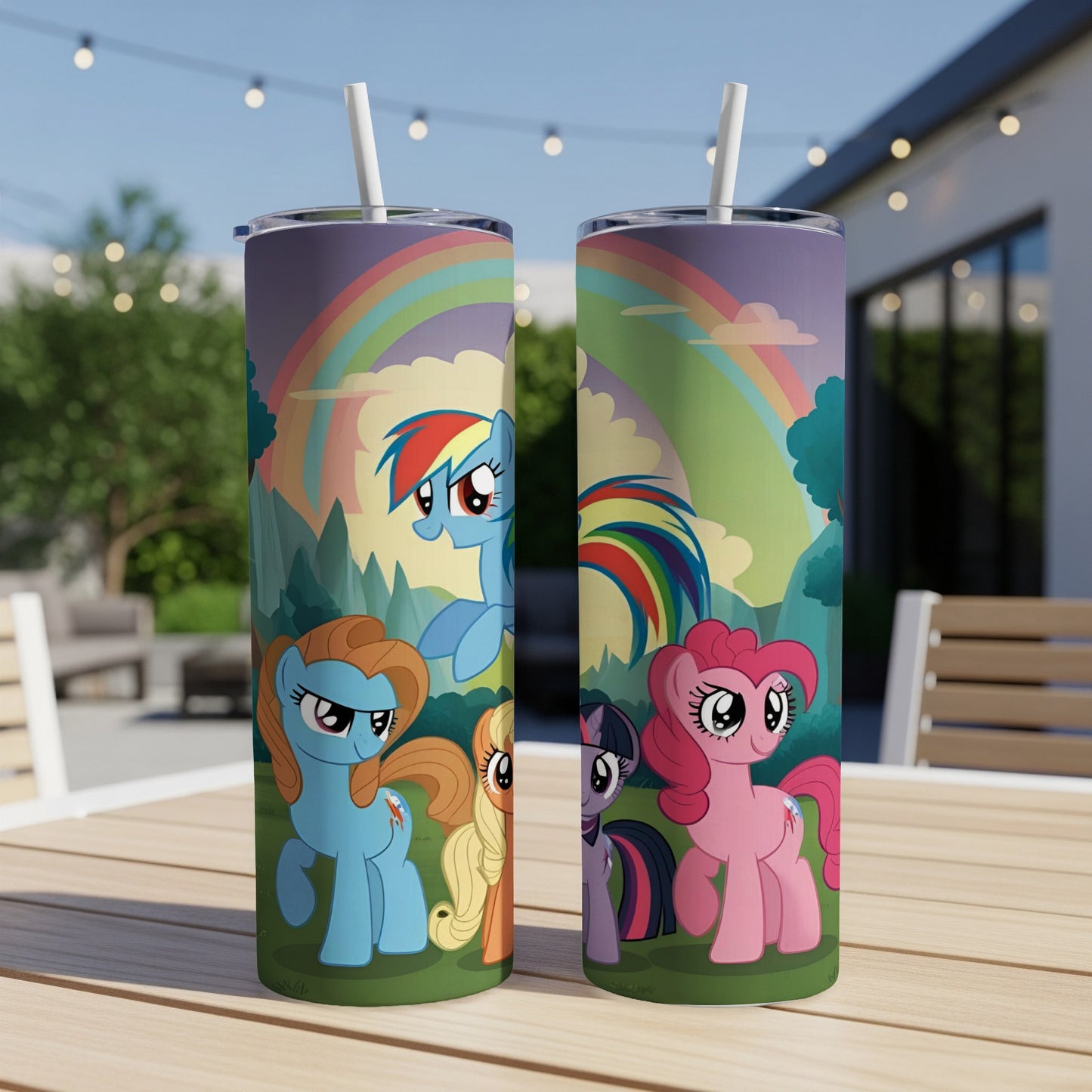 My Little Pony characters Rainbow Dash, Pinkie Pie, and Fluttershy on a tumbler.