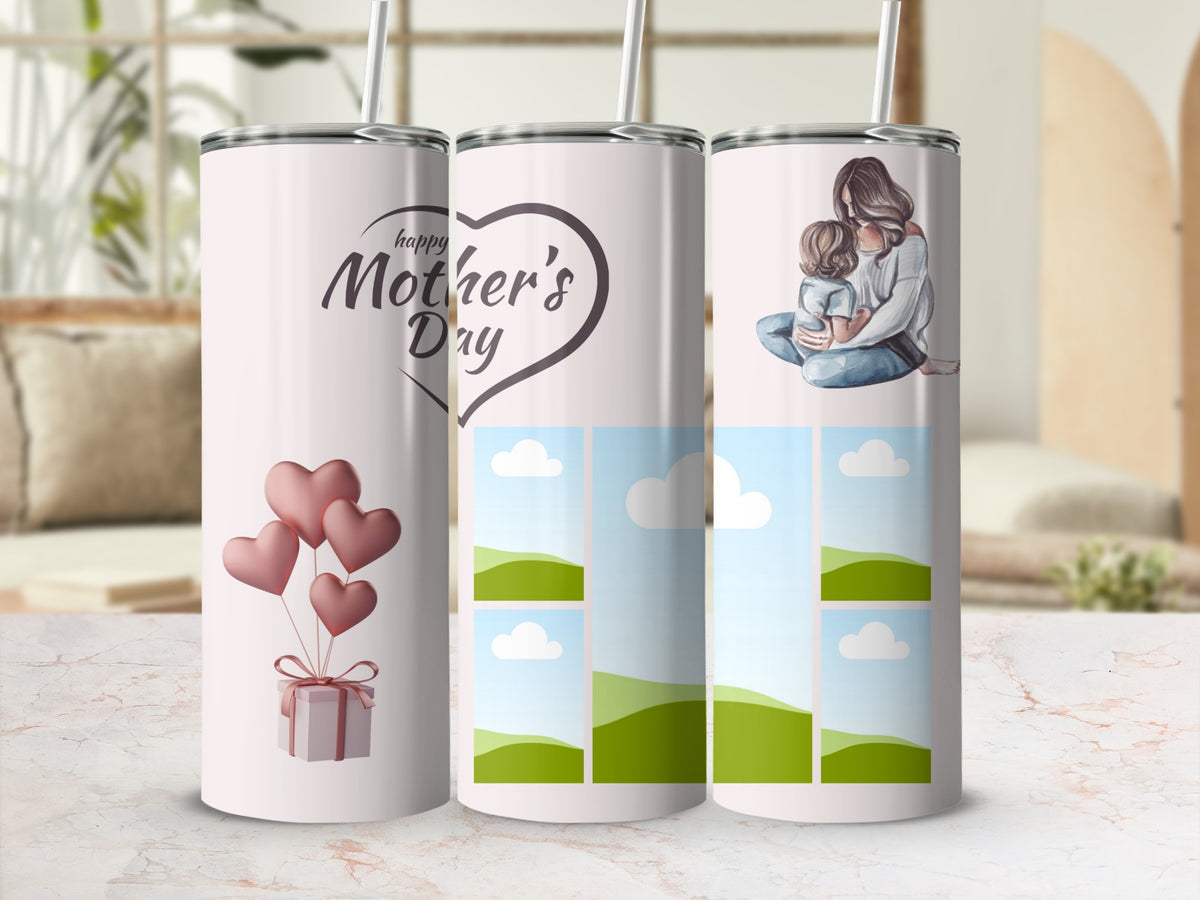 Tumbler with "happy Mother's Day" text, heart balloons, mother and child art, and photo placeholders.