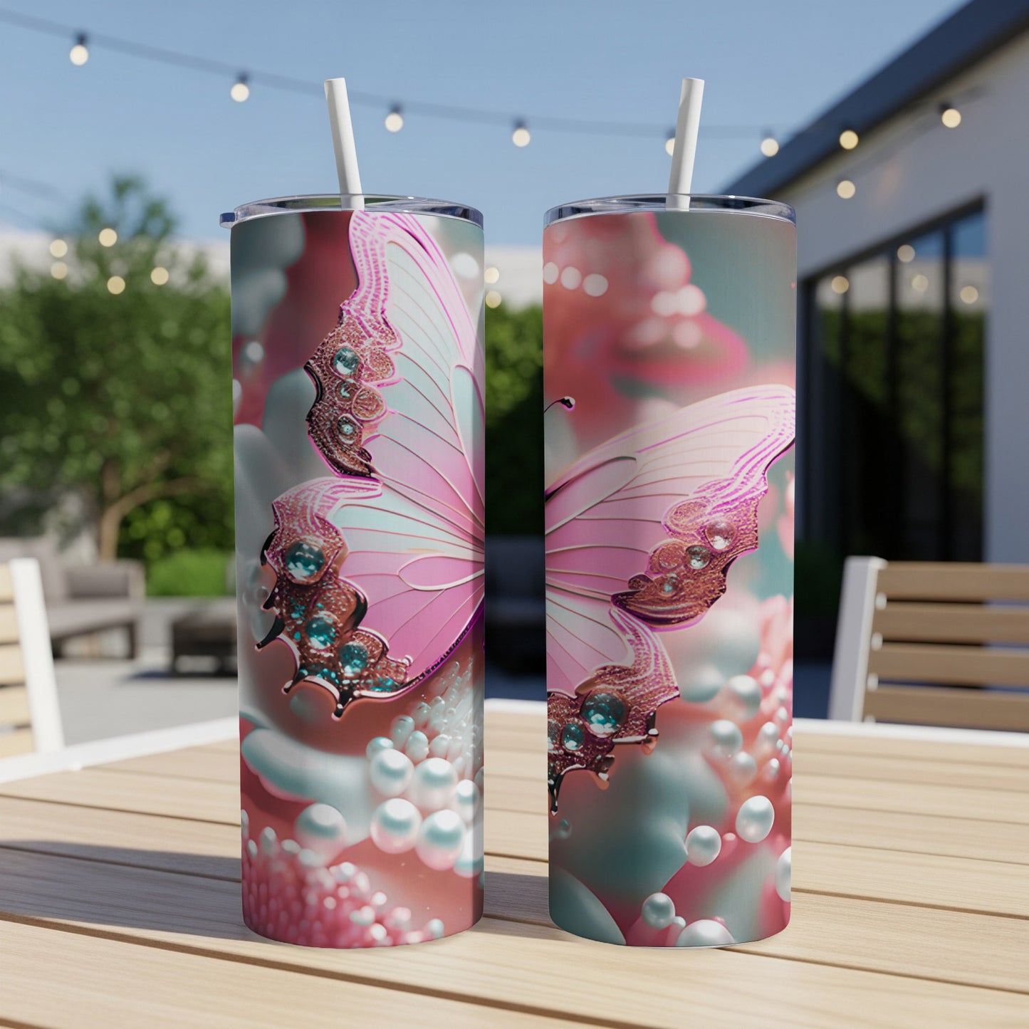 Two pink butterfly tumblers with pearlescent beads and floral accents.