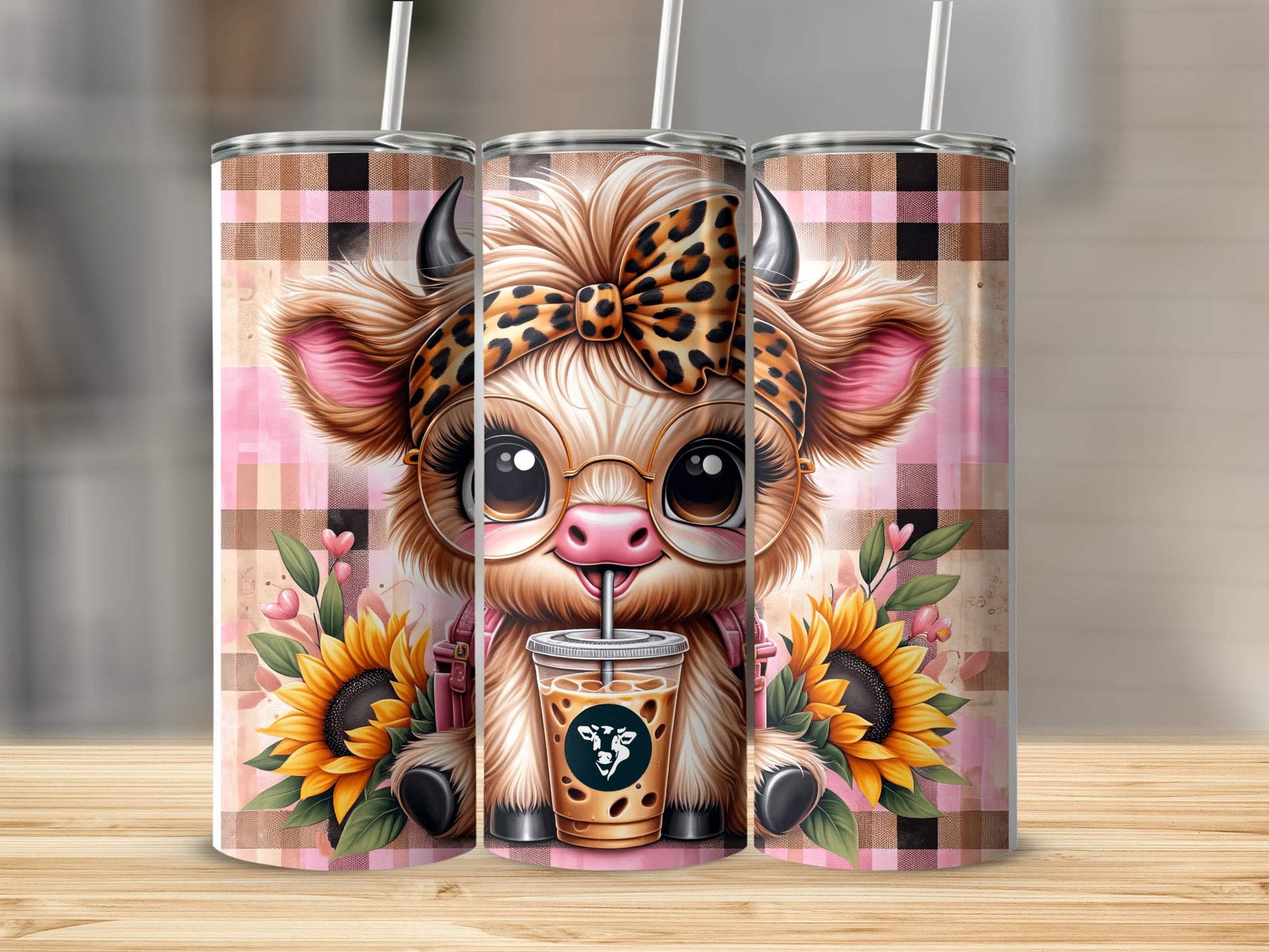 Cute cartoon cow with glasses holding a coffee cup, surrounded by sunflowers.