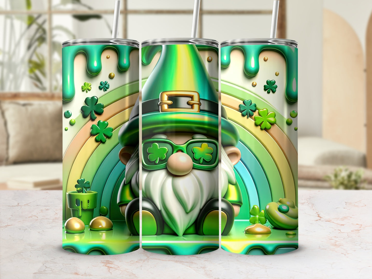 St. Patrick's Day gnome with rainbow and shamrocks on a tumbler.
