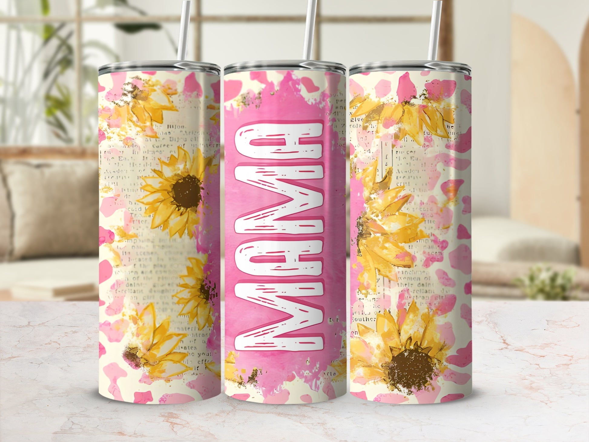Pink tumbler with sunflowers and "MAMA" text.