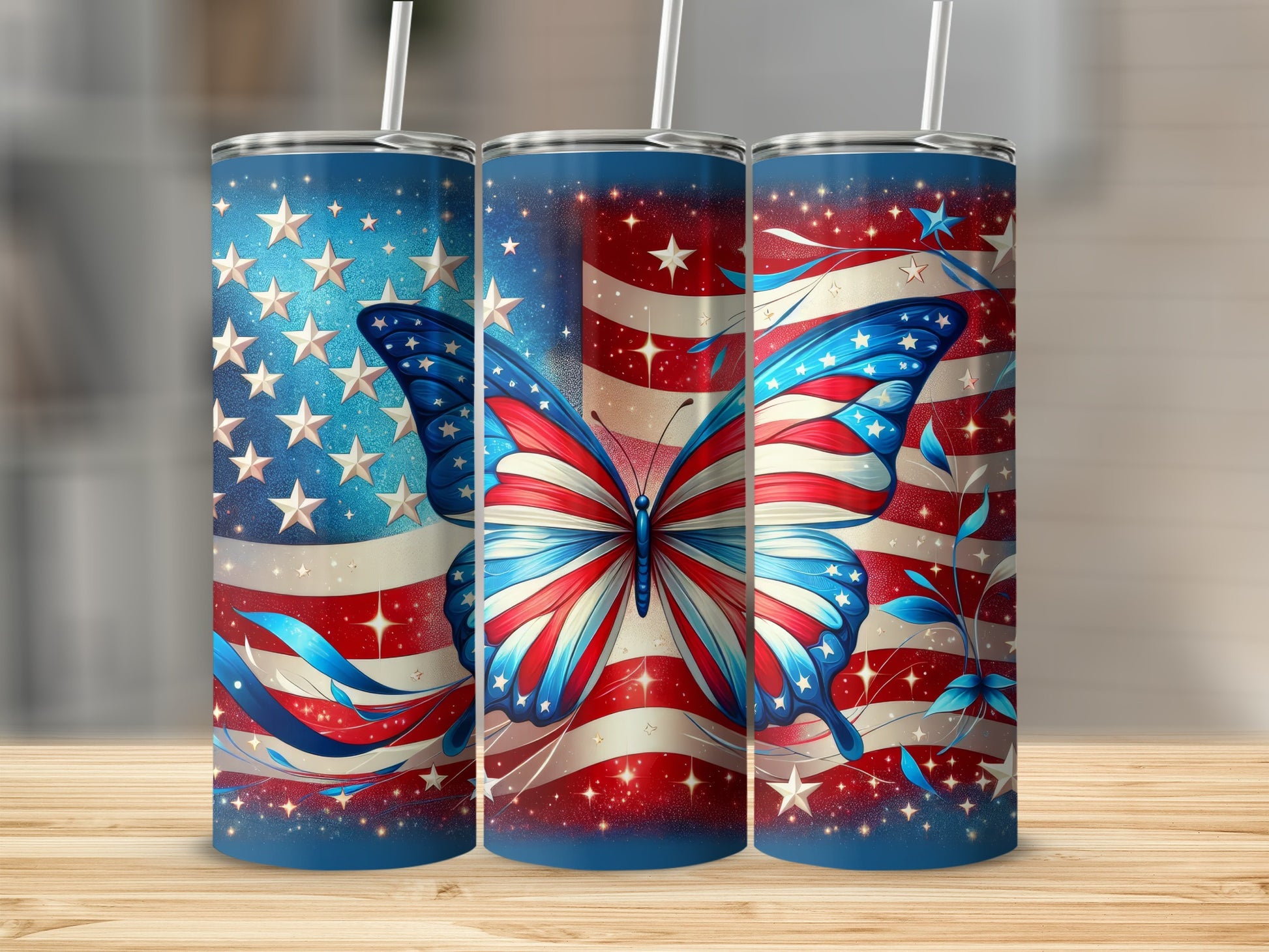 Triptych of tumblers with American flag and butterfly designs.