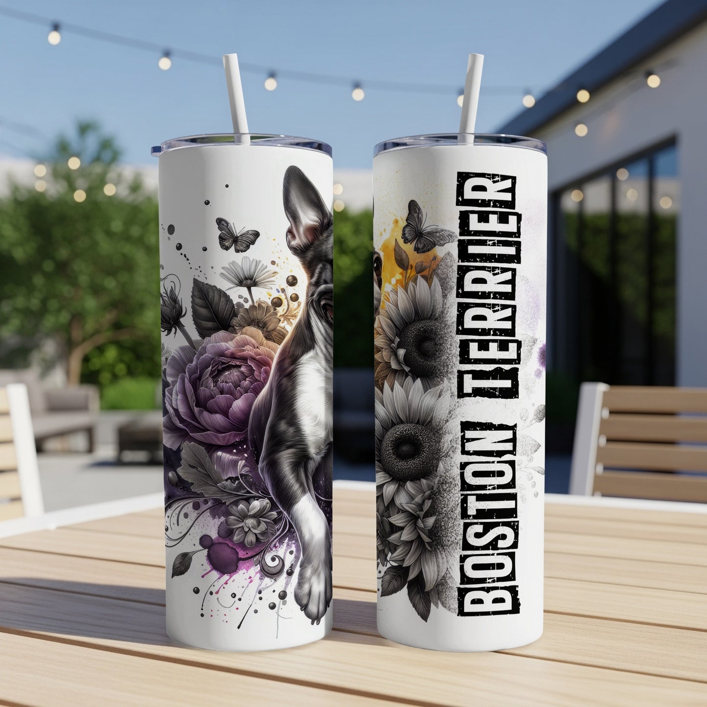 Boston Terrier tumbler with floral and butterfly designs.