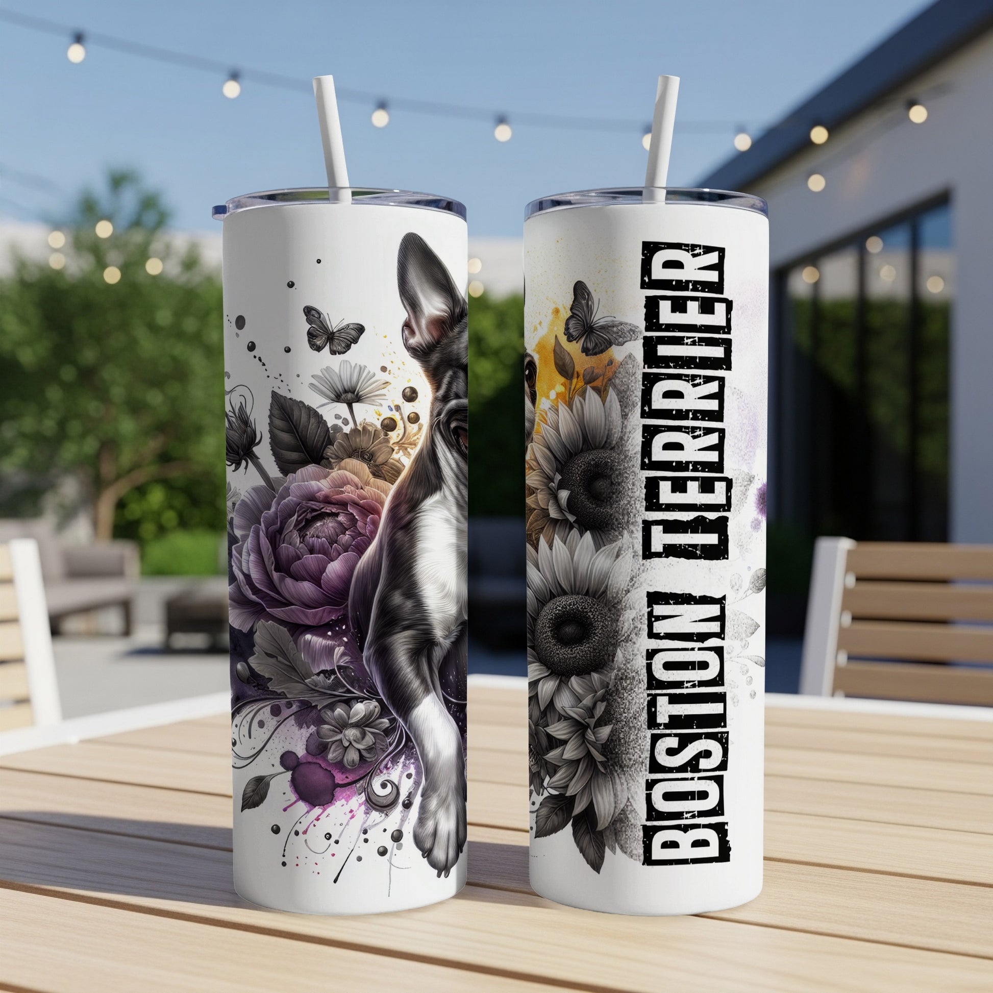 Boston Terrier tumbler with floral and butterfly designs.