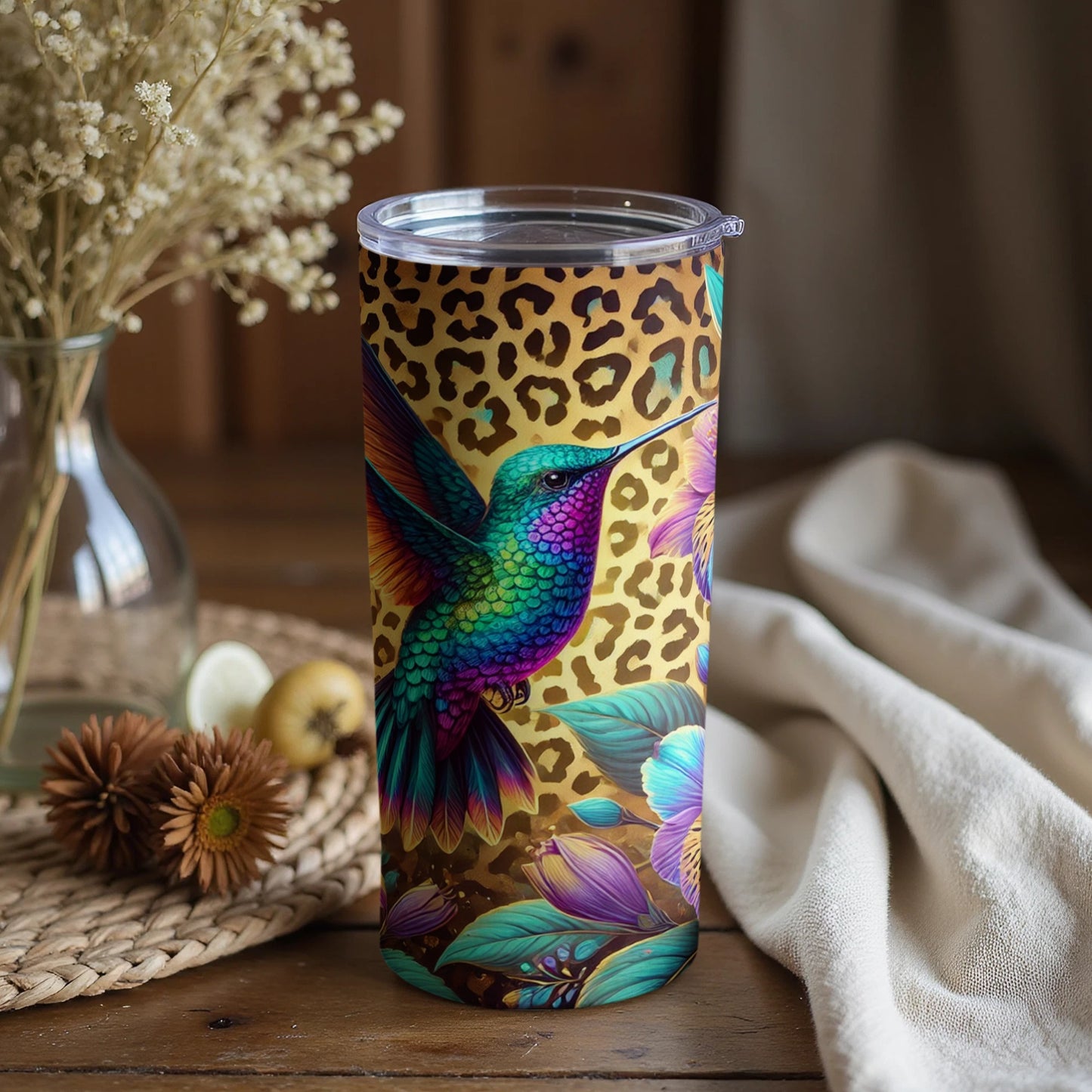 Hummingbird and Leopard Print Design Tumbler Product