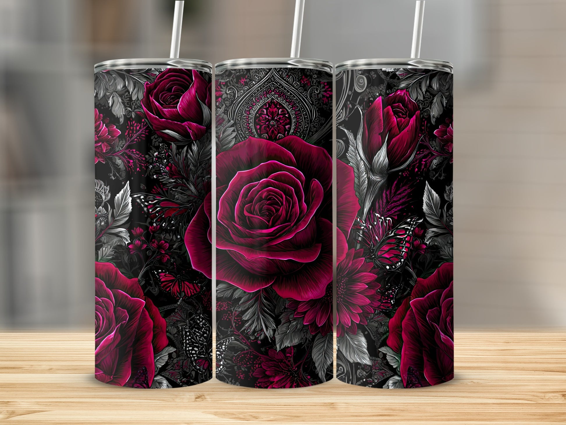 Stylish Red and Black Floral Roses Tumbler Product