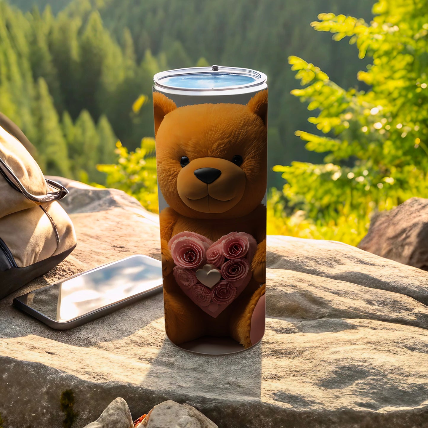 Adorable Bear with Pink Rose Heart Design Tumbler