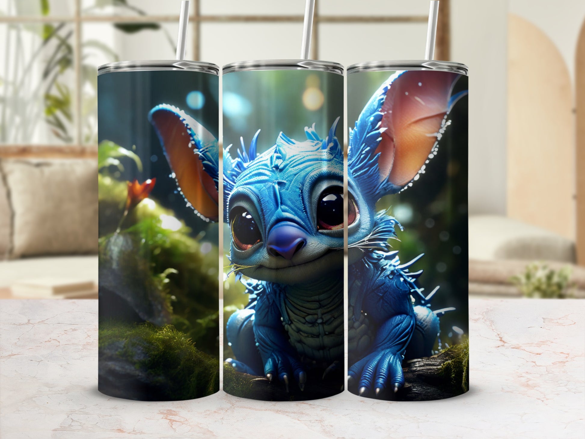 Blue alien creature with large ears and spiky blue fur sitting.