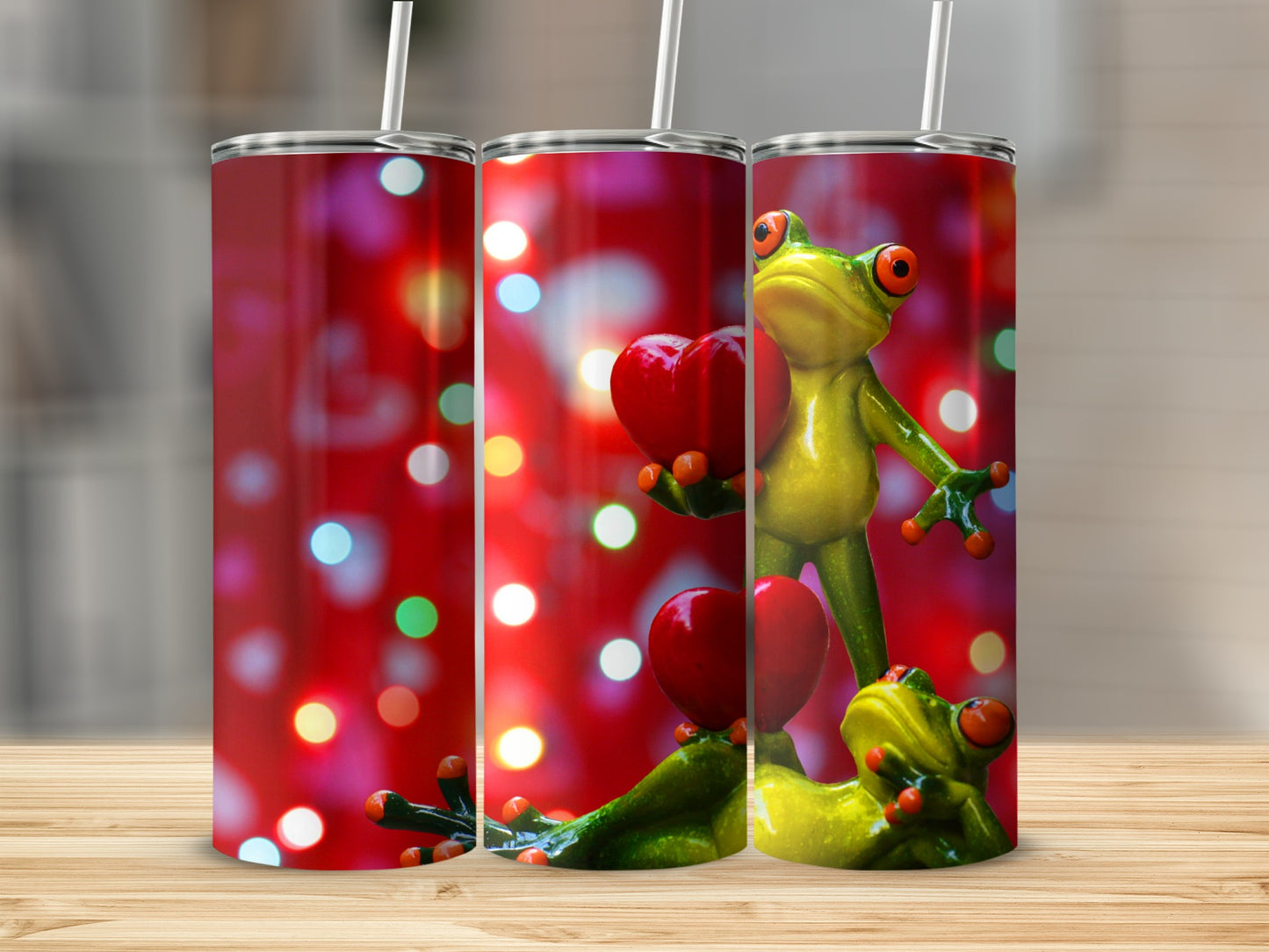 Green frogs red hearts red bokeh background tumbler product type