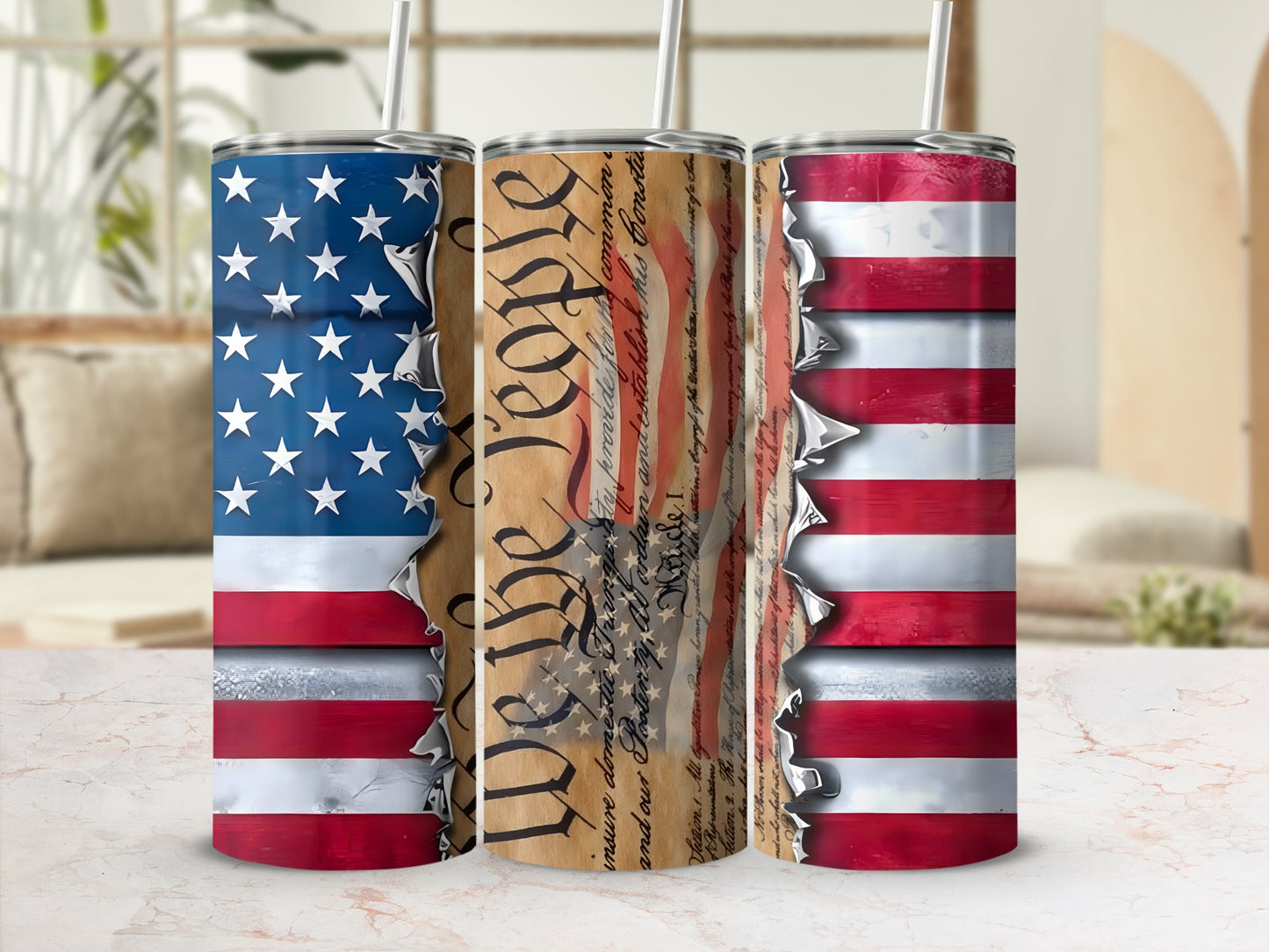 Three tumblers featuring American flag and "We the People" text.