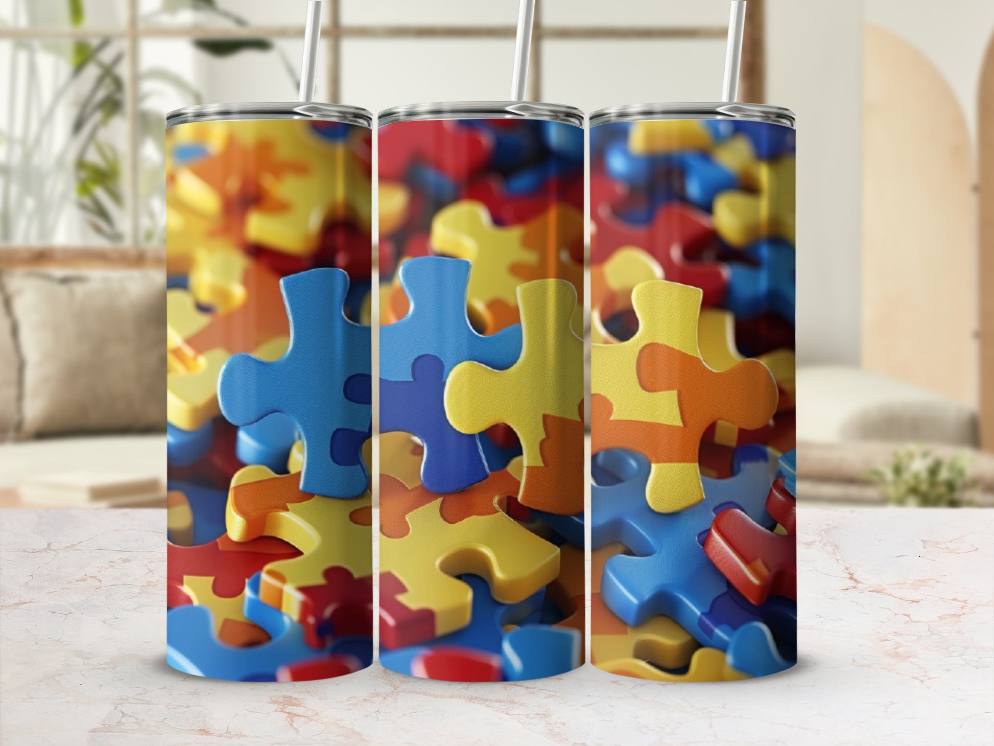 Three colorful puzzle pieces wrapping around stainless steel tumblers.