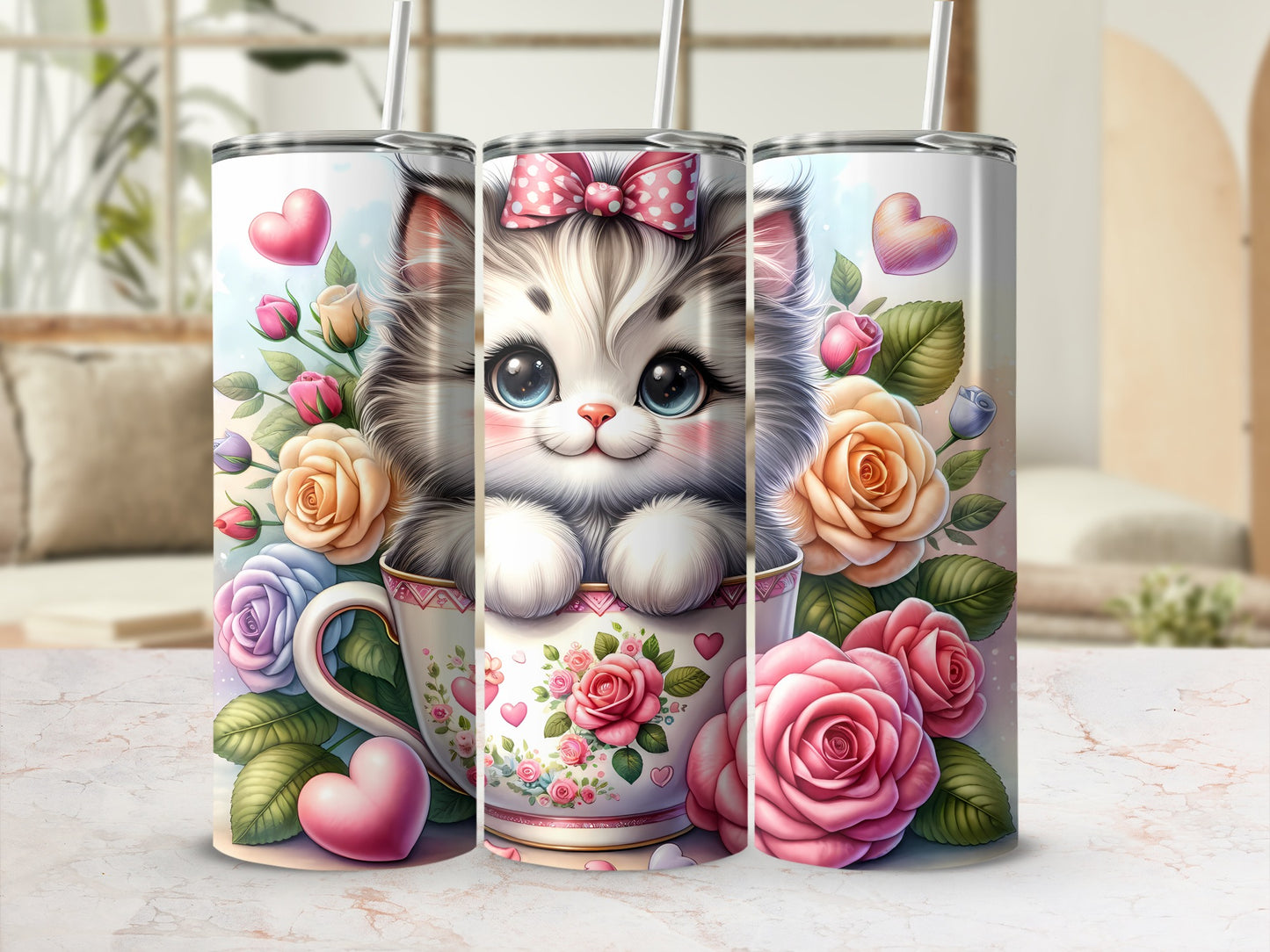Cute kitten in a teacup with pink and orange roses and hearts.