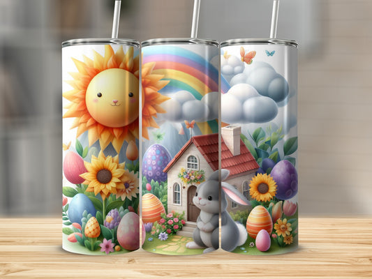 Easter tumbler with bunny, sun, rainbow, eggs, and a house.