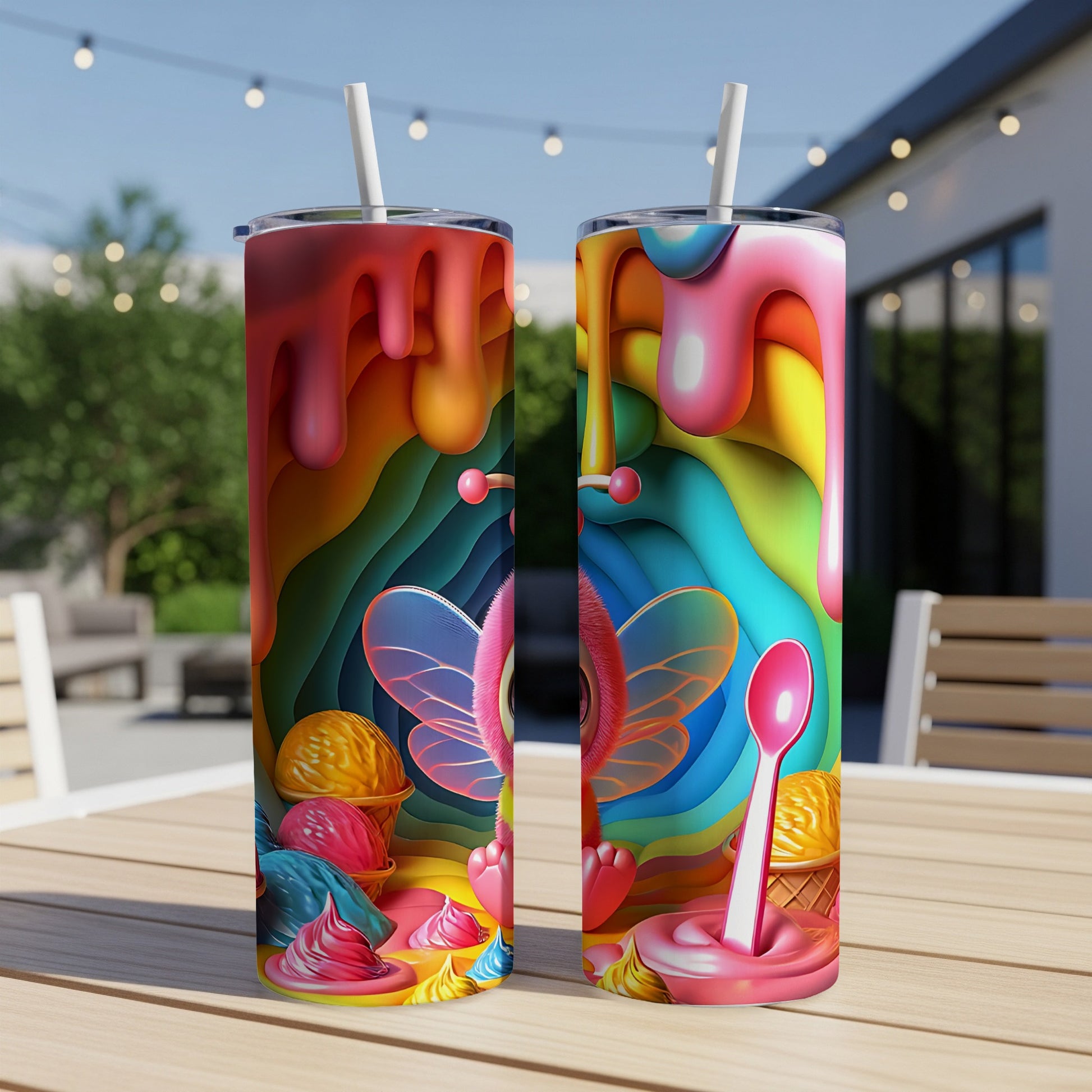 Two colorful tumblers with a whimsical creature and ice cream design on an outdoor table.