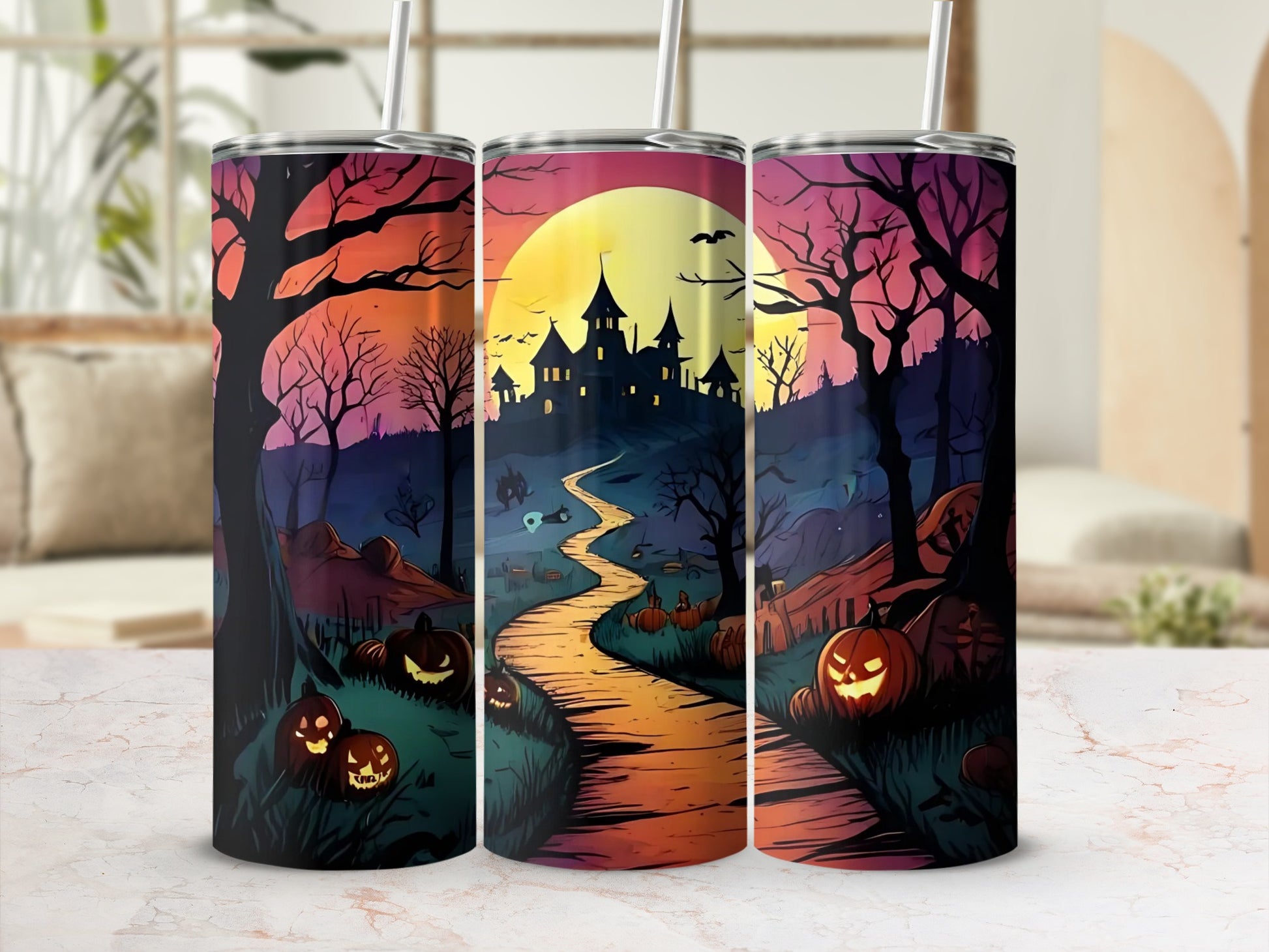 Three tumblers featuring a spooky Halloween scene with a castle and pumpkins.