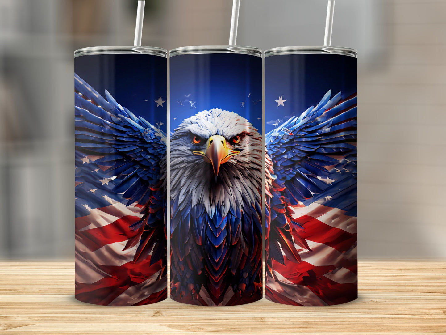 Eagle with American flag wings on a tumbler.