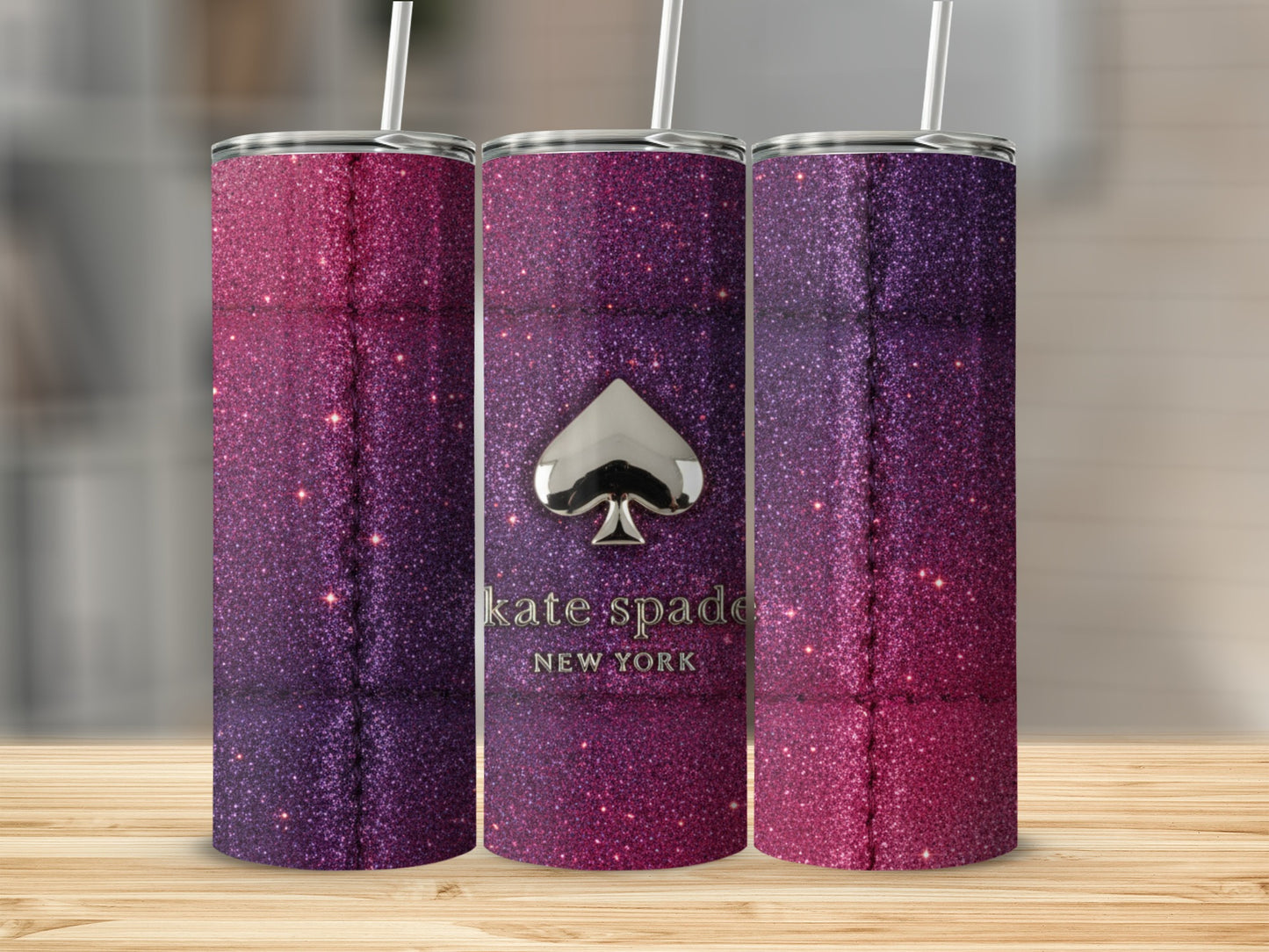 Inspired By Fabulous Kate Spade Pink Purple Glitter Quilted Logo Tumblers