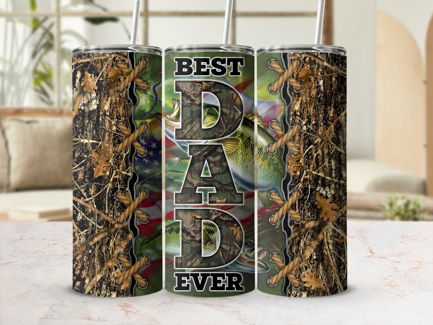 Camouflage tumbler with "BEST DAD EVER" text and bass fish design.