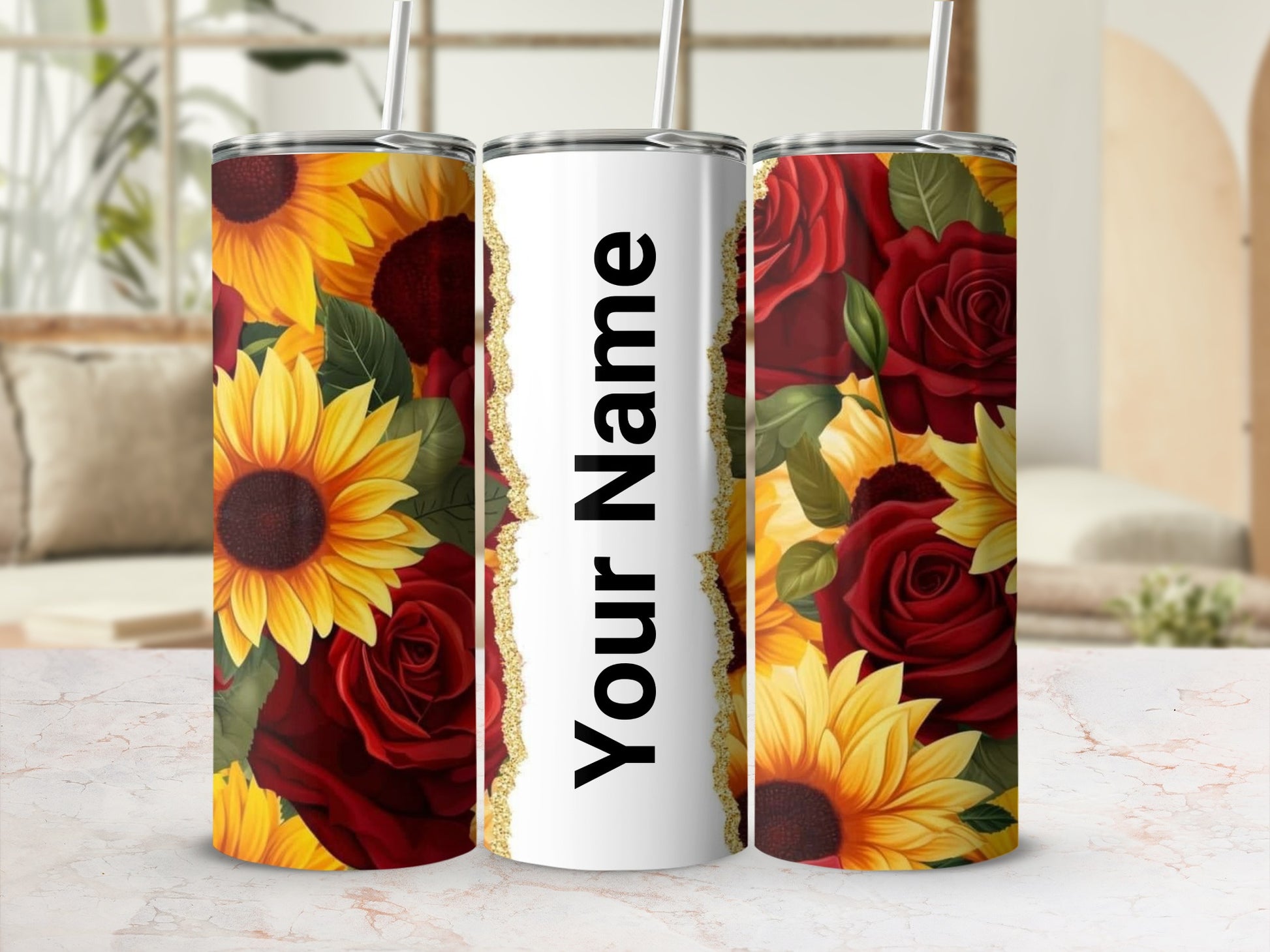 Customizable Sunflower and Rose Floral Tumbler