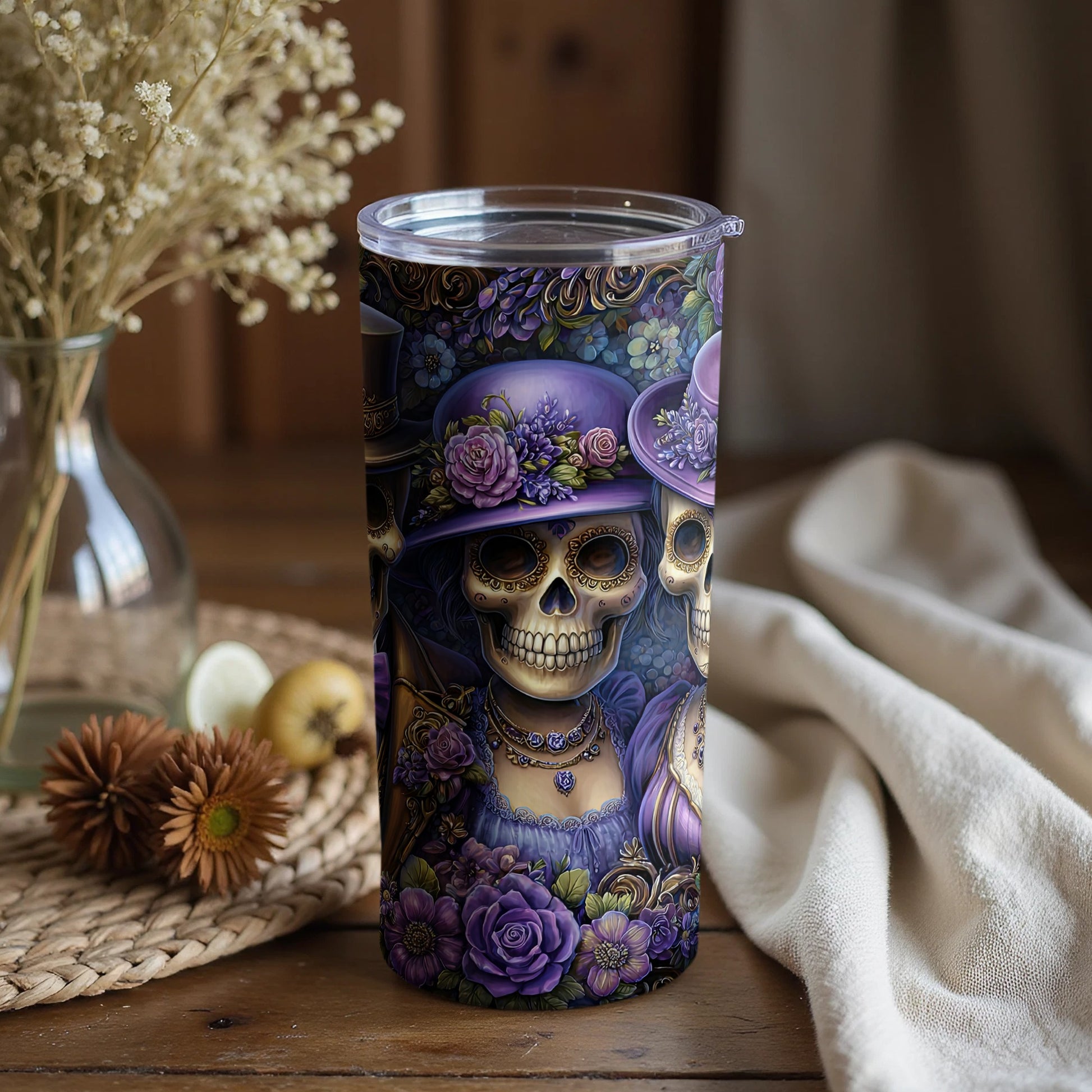 Purple Rose Skull Art Insulated Coffee Tumbler
