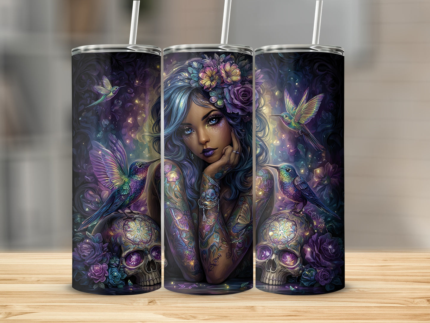 Enchanting Fantasy Skull and Hummingbird Tumbler Design