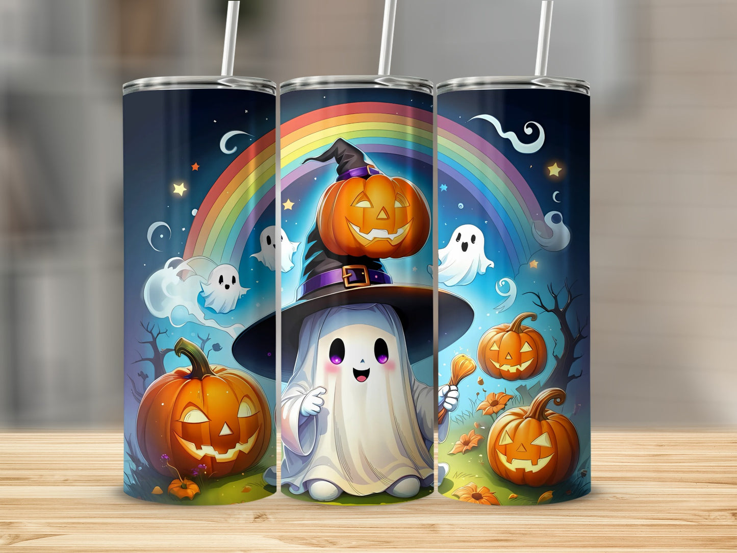 Halloween tumblers featuring cute ghosts, pumpkins, and a rainbow.
