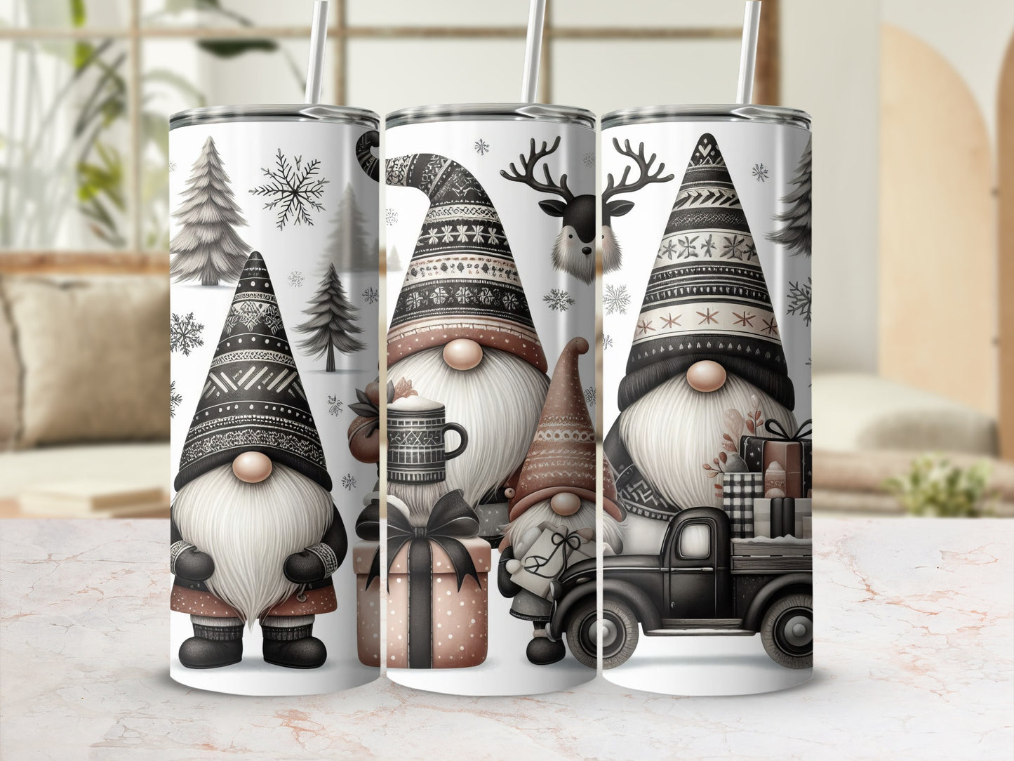 Three gnome tumblers with winter forest designs and deer accents.