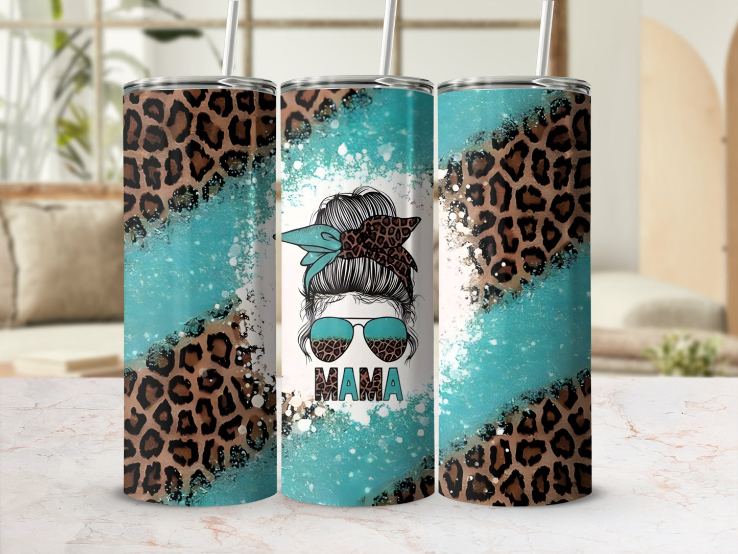 Leopard print tumbler with "Mama" text and turquoise distressed accents.