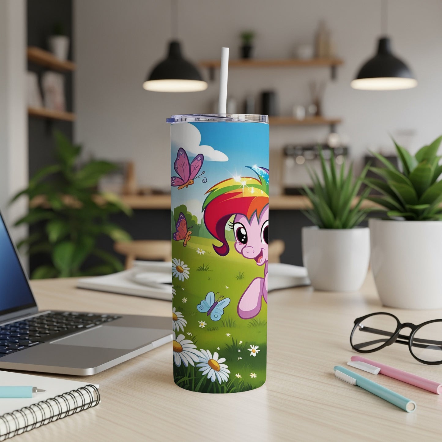 My Little Pony Pinkie Pie character on a floral background with butterflies and daisies.